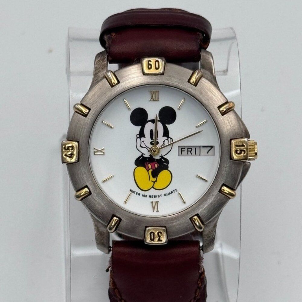 Disney Time Works Watch Mickey Mouse Day Date Brown Leather Band Unisex Vintage